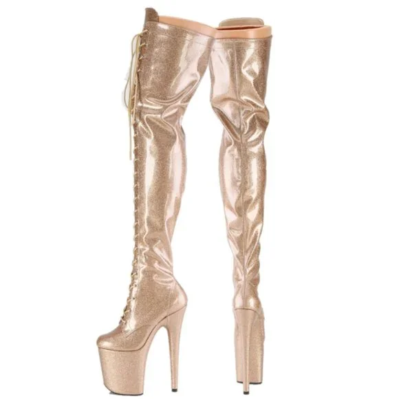 Gold Glitter Patent 3020 Lace Up Thigh High Platform Boots Flamingo 8" Heels - Picture 1 of 10